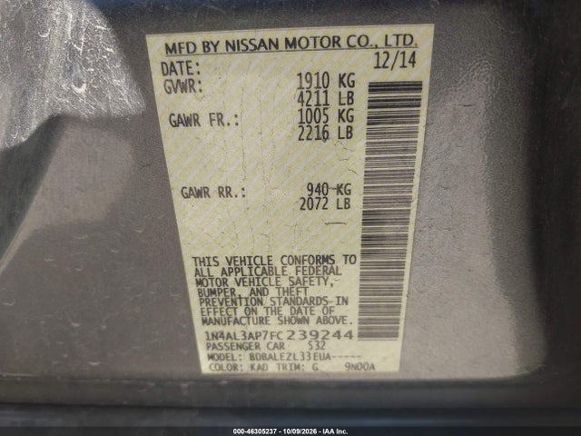 Aukcja sprzedaży 2015 Nissan Altima 2.5/2.5 S/2.5 Sl/2.5 Sv, vin: 1N4AL3AP7FC239244, numer aukcji: 46305237