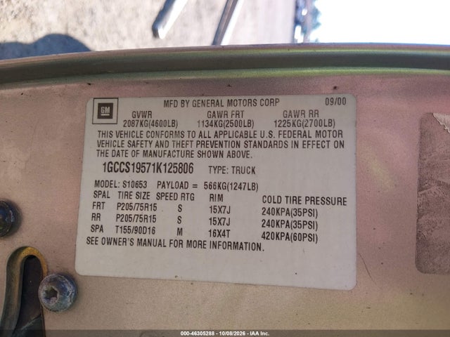 46305288 :رقم المزاد ، 1GCCS19571K125806 vin ، 2001 Chevrolet S-10 Ls مزاد بيع