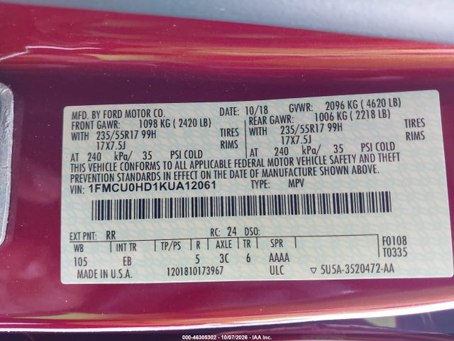 Продаж на аукціоні авто 2019 Ford Escape Sel, vin: 1FMCU0HD1KUA12061, номер лоту: 46305302