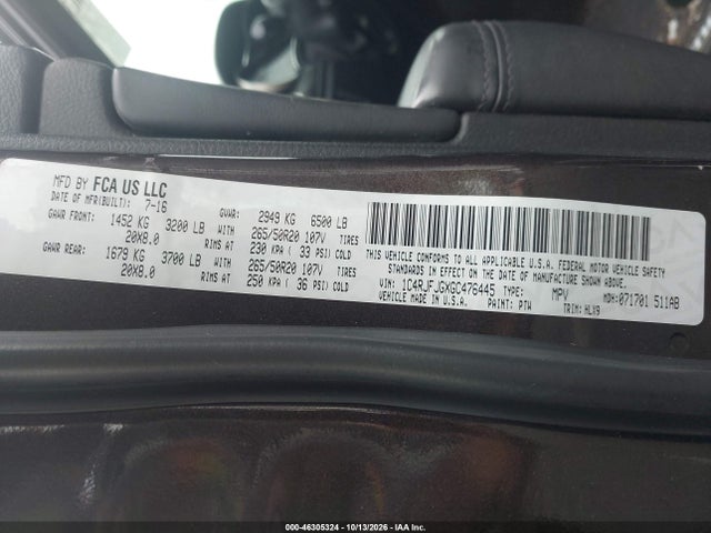 Aukcja sprzedaży 2016 Jeep Grand Cherokee Summit, vin: 1C4RJFJGXGC476445, numer aukcji: 46305324