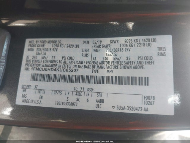Aukcja sprzedaży 2019 Ford Escape Sel, vin: 1FMCU0HD4KUC05207, numer aukcji: 46305346
