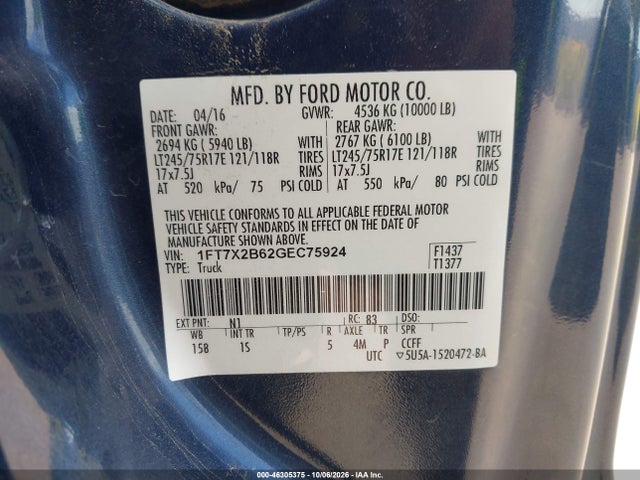 Продажа на аукционе авто 2016 Ford F-250 Xl, vin: 1FT7X2B62GEC75924, номер лота: 46305375