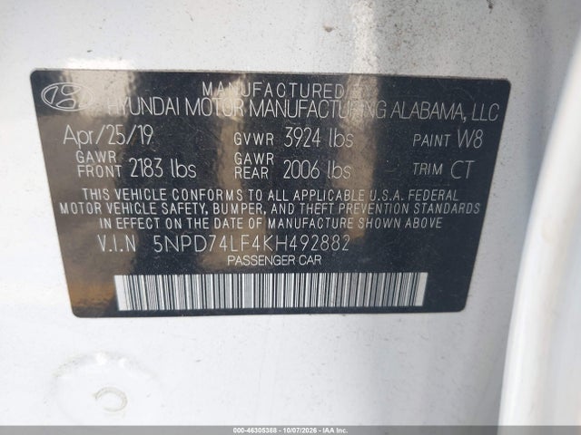 5NPD74LF4KH492882 Hyundai ELANTRA SE