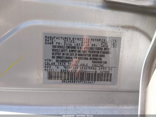 2023 Nissan Sentra S Xtronic Cvt მანქანა იყიდება აუქციონზე, vin: 3N1AB8BV4PY311617, აუქციონის ნომერი: 46305389