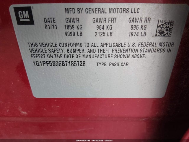Aukcja sprzedaży 2011 Chevrolet Cruze 1lt, vin: 1G1PF5S96B7185728, numer aukcji: 46305398