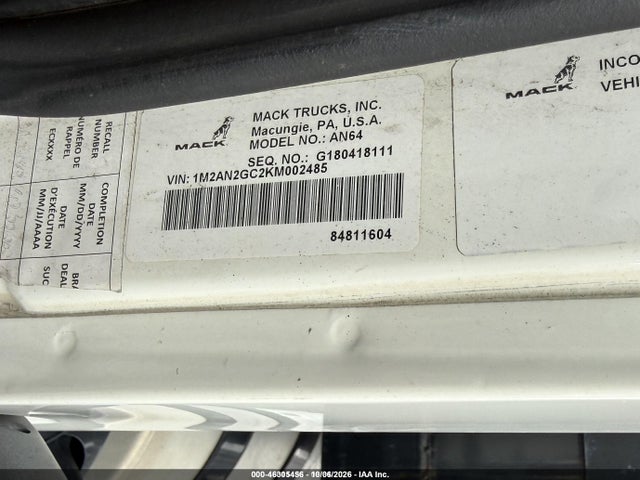 Продаж на аукціоні авто 2019 Mack Anthem, vin: 1M2AN2GC2KM002485, номер лоту: 46305456