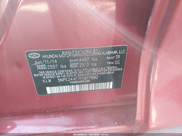 46305472 :رقم المزاد ، 5NPE24AF7FH017982 vin ، 2015 Hyundai Sonata Se مزاد بيع