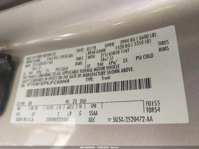 Aukcja sprzedaży 2018 Ford F-150 Xlt, vin: 1FTEW1EP9JFC60069, numer aukcji: 46305482