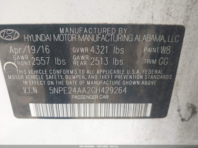 Aukcja sprzedaży 2016 Hyundai Sonata Eco, vin: 5NPE24AA2GH429264, numer aukcji: 46305484