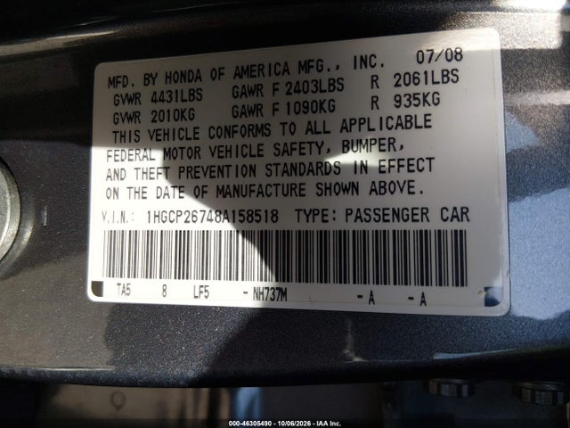 46305490 :رقم المزاد ، 1HGCP26748A158518 vin ، 2008 Honda Accord 2.4 Ex مزاد بيع