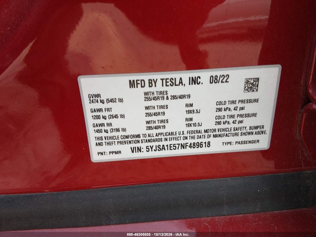46305505 :رقم المزاد ، 5YJSA1E57NF489618 vin ، 2022 Tesla Model S Dual Motor All-wheel Drive مزاد بيع