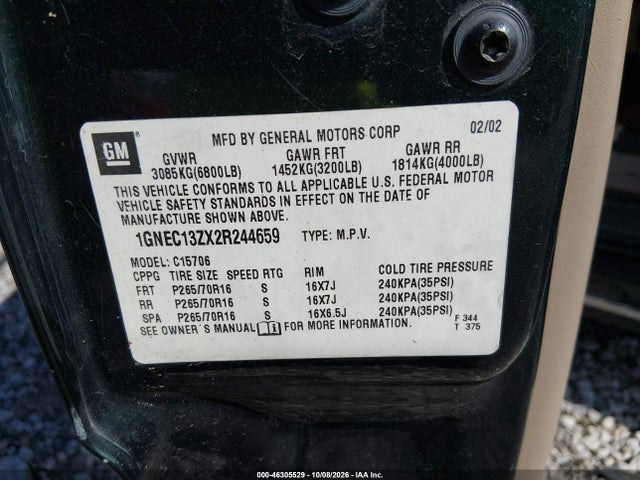 Aukcja sprzedaży 2002 Chevrolet Tahoe Lt, vin: 1GNEC13ZX2R244659, numer aukcji: 46305529
