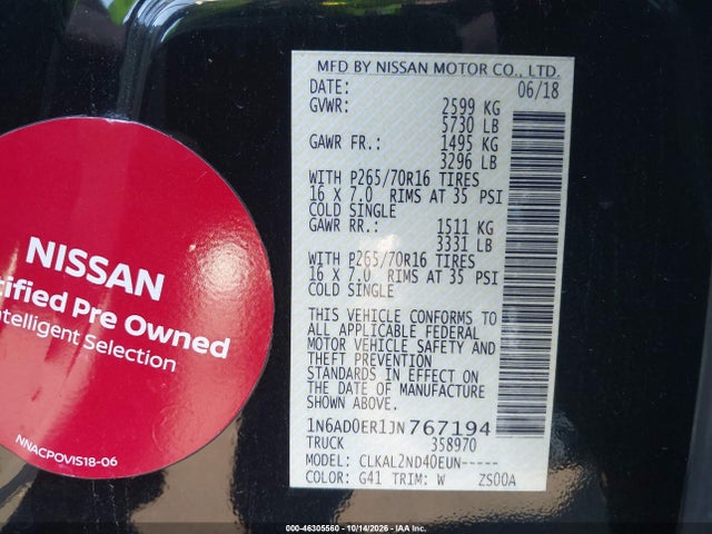 46305560 :رقم المزاد ، 1N6AD0ER1JN767194 vin ، 2018 Nissan Frontier Sv مزاد بيع