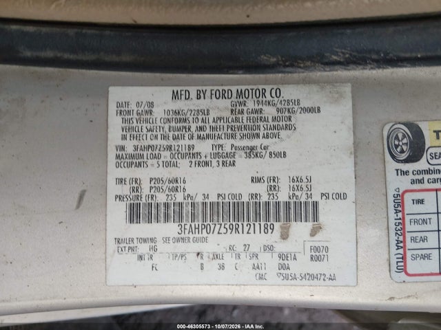 2009 Ford Fusion Se მანქანა იყიდება აუქციონზე, vin: 3FAHP07Z59R121189, აუქციონის ნომერი: 46305573