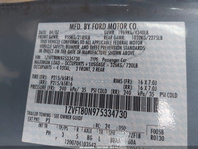 Aukcja sprzedaży 2007 Ford Mustang V6 Deluxe/v6 Premium, vin: 1ZVFT80N975334730, numer aukcji: 46305589