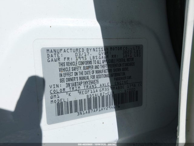 2017 Nissan Sentra S მანქანა იყიდება აუქციონზე, vin: 3N1AB7AP1HY294676, აუქციონის ნომერი: 46305600