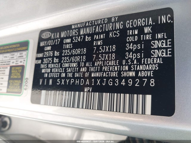 2018 Kia Sorento 2.0t Ex მანქანა იყიდება აუქციონზე, vin: 5XYPHDA1XJG349278, აუქციონის ნომერი: 46305637