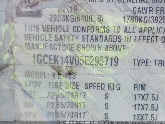 Aukcja sprzedaży 2005 Chevrolet Silverado 1500 Work Truck, vin: 1GCEK14V05E295719, numer aukcji: 46305645