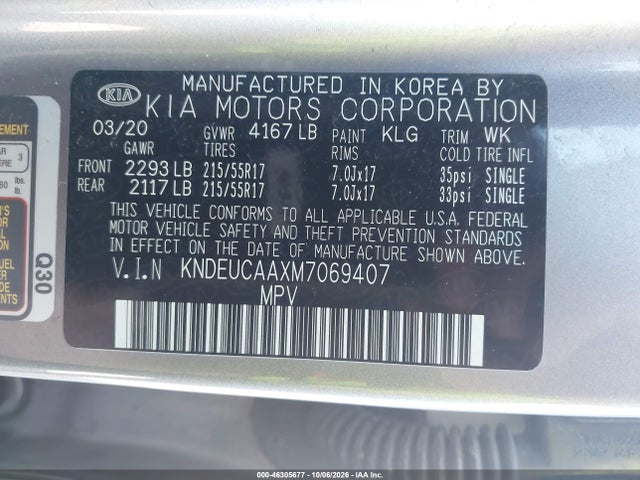 2021 Kia Seltos S მანქანა იყიდება აუქციონზე, vin: KNDEUCAAXM7069407, აუქციონის ნომერი: 46305677