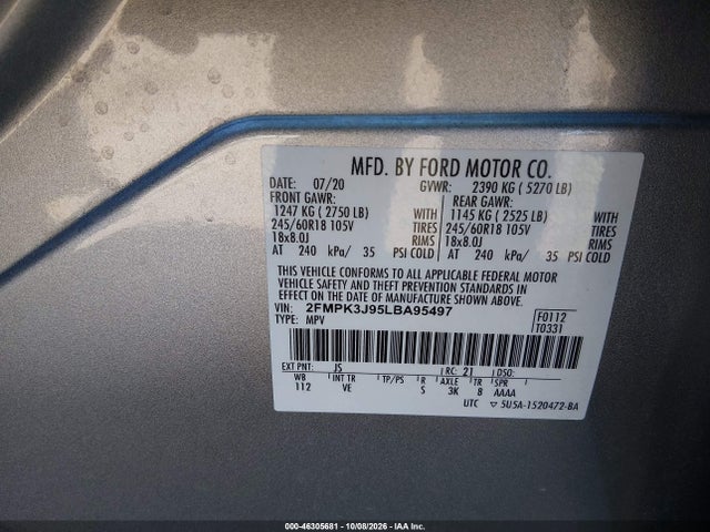 2020 Ford Edge Sel მანქანა იყიდება აუქციონზე, vin: 2FMPK3J95LBA95497, აუქციონის ნომერი: 46305681
