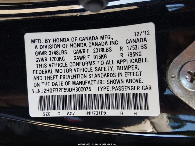 Продаж на аукціоні авто 2013 Honda Civic Lx, vin: 2HGFB2F59DH300075, номер лоту: 46305717