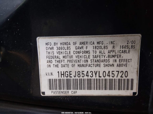 Aukcja sprzedaży 2000 Honda Civic Ex, vin: 1HGEJ8543YL045720, numer aukcji: 46305720