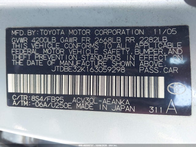 Продажа на аукционе авто 2006 Toyota Camry Le, vin: JTDBE32K163059298, номер лота: 46305737