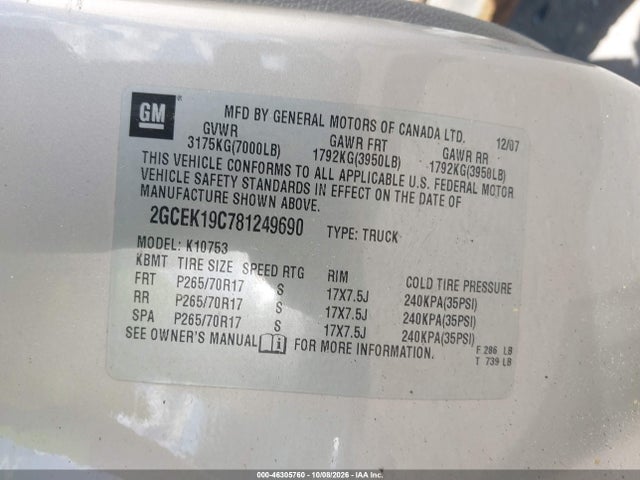 Aukcja sprzedaży 2008 Chevrolet Silverado 1500 Work Truck, vin: 2GCEK19C781249690, numer aukcji: 46305760