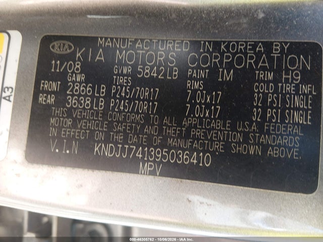 2009 Kia Borrego Ex V6 მანქანა იყიდება აუქციონზე, vin: KNDJJ741395036410, აუქციონის ნომერი: 46305762