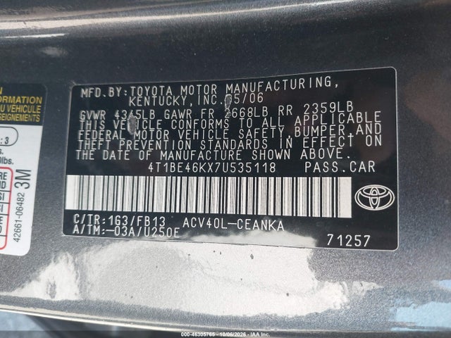 Aukcja sprzedaży 2007 Toyota Camry Le, vin: 4T1BE46KX7U535118, numer aukcji: 46305765