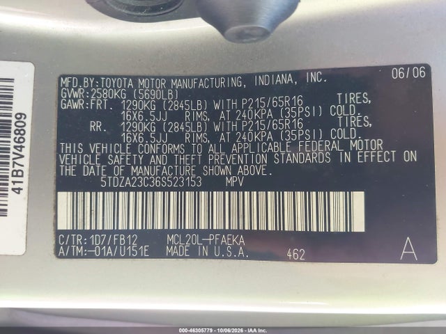 46305779 :رقم المزاد ، 5TDZA23C36S523153 vin ، 2006 Toyota Sienna Ce مزاد بيع
