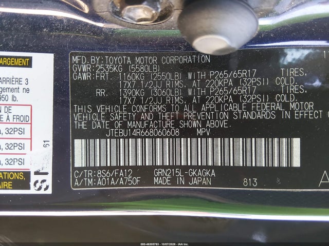 46305783 :رقم المزاد ، JTEBU14R668060608 vin ، 2006 Toyota 4runner Sr5 V6 مزاد بيع