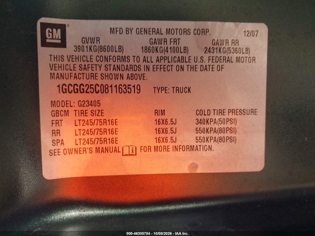 46305784 :رقم المزاد ، 1GCGG25C081163519 vin ، 2008 Chevrolet Express Work Van مزاد بيع