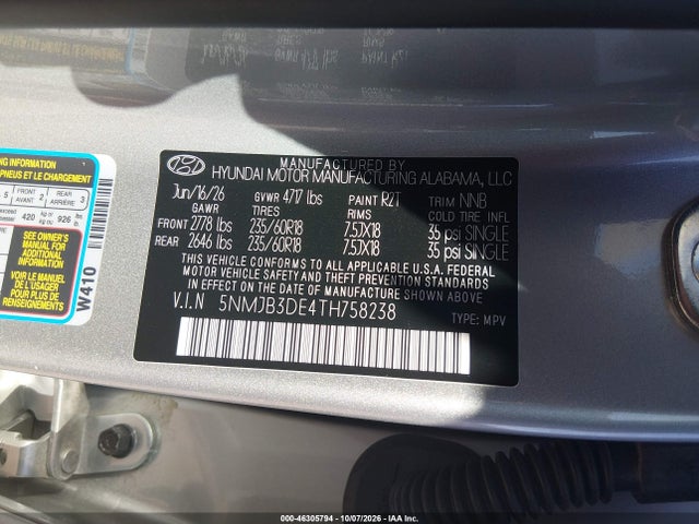 Продаж на аукціоні авто 2026 Hyundai Tucson Sel, vin: 5NMJB3DE4TH758238, номер лоту: 46305794
