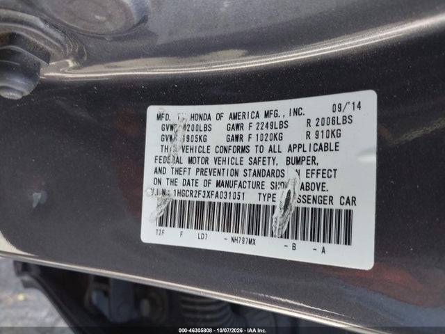 Продаж на аукціоні авто 2015 Honda Accord Lx, vin: 1HGCR2F3XFA031051, номер лоту: 46305808