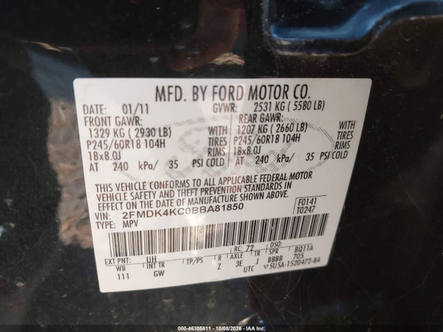 Продажа на аукционе авто 2011 Ford Edge Limited, vin: 2FMDK4KC0BBA81850, номер лота: 46305811