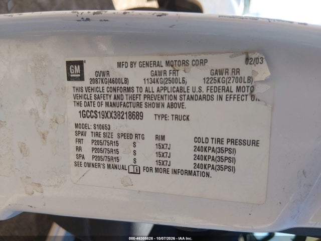 46305828 :رقم المزاد ، 1GCCS19XX38218689 vin ، 2003 Chevrolet S-10 مزاد بيع