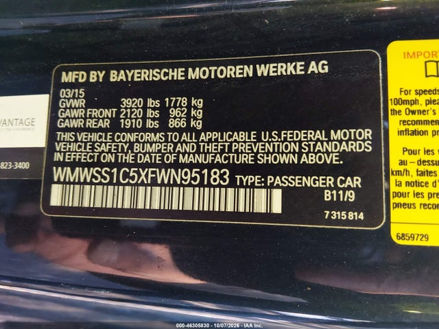 46305830 :رقم المزاد ، WMWSS1C5XFWN95183 vin ، 2015 Mini Paceman Cooper مزاد بيع