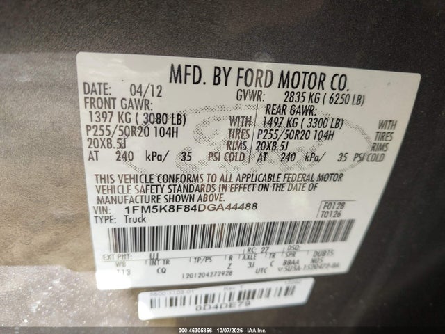 46305856 :رقم المزاد ، 1FM5K8F84DGA44488 vin ، 2013 Ford Explorer Limited مزاد بيع