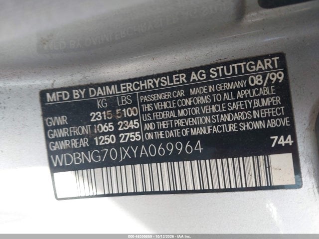 Продаж на аукціоні авто 2000 Mercedes-benz S 430, vin: WDBNG70JXYA069964, номер лоту: 46305859