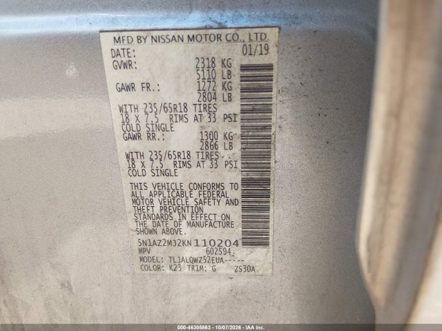 2019 Nissan Murano Sv მანქანა იყიდება აუქციონზე, vin: 5N1AZ2MJ2KN110204, აუქციონის ნომერი: 46305863
