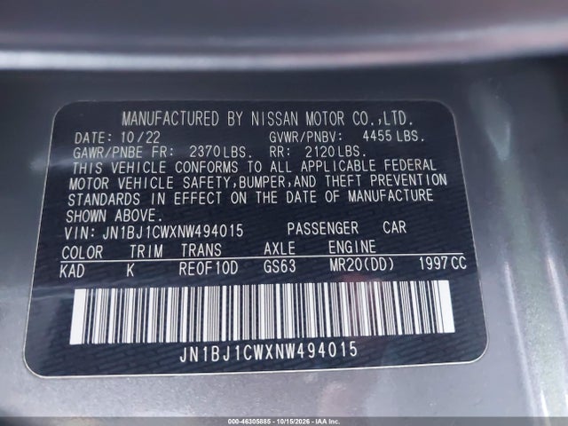 46305885 :رقم المزاد ، JN1BJ1CWXNW494015 vin ، 2022 Nissan Rogue Sport Sl Awd Xtronic Cvt مزاد بيع