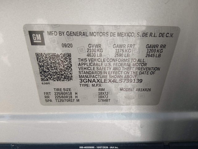 Aukcja sprzedaży 2020 Chevrolet Equinox Fwd Lt 2.0l Turbo, vin: 3GNAXLEX4LS739139, numer aukcji: 46305890