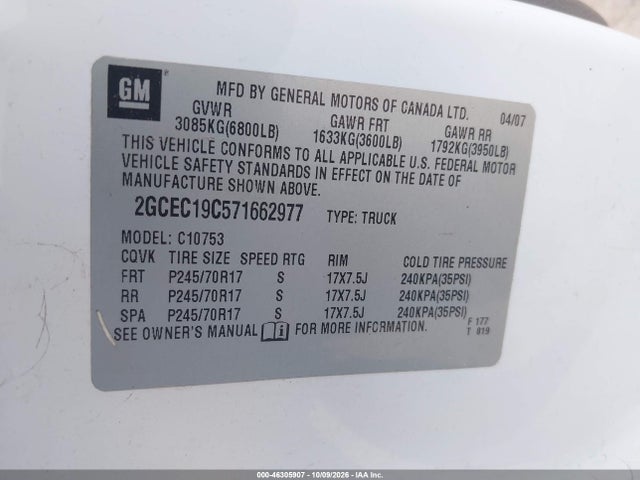 Aukcja sprzedaży 2007 Chevrolet Silverado 1500 Work Truck, vin: 2GCEC19C571662977, numer aukcji: 46305907