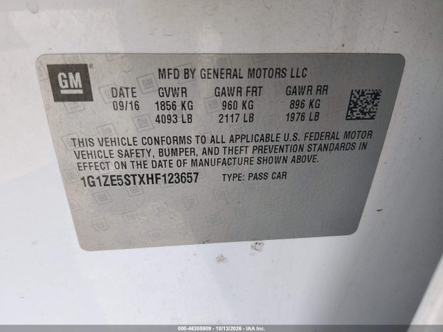 2017 Chevrolet Malibu 1lt მანქანა იყიდება აუქციონზე, vin: 1G1ZE5STXHF123657, აუქციონის ნომერი: 46305909