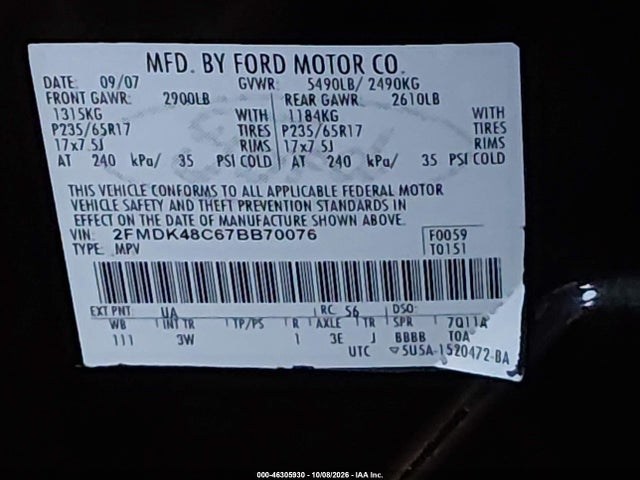 Aukcja sprzedaży 2007 Ford Edge Sel, vin: 2FMDK48C67BB70076, numer aukcji: 46305930