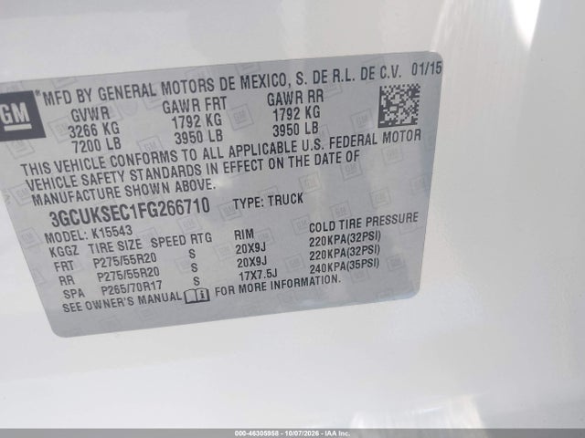 2015 Chevrolet Silverado 1500 1lz მანქანა იყიდება აუქციონზე, vin: 3GCUKSEC1FG266710, აუქციონის ნომერი: 46305958