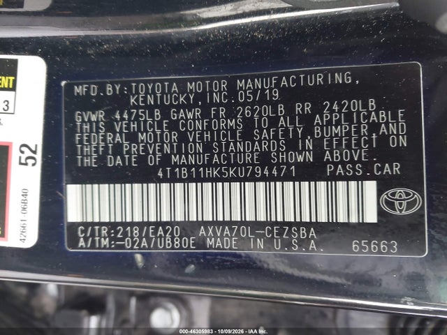 Продажа на аукционе авто 2019 Toyota Camry Se, vin: 4T1B11HK5KU794471, номер лота: 46305983