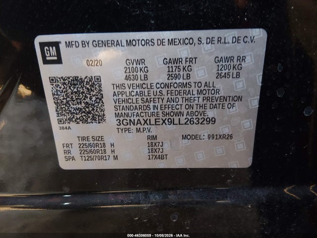 Aukcja sprzedaży 2020 Chevrolet Equinox Fwd Lt 2.0l Turbo, vin: 3GNAXLEX9LL263299, numer aukcji: 46306059