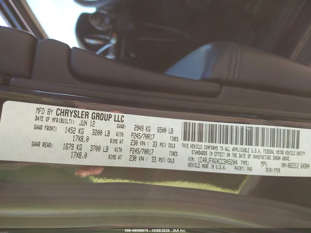 2012 Jeep Grand Cherokee Laredo მანქანა იყიდება აუქციონზე, vin: 1C4RJFAGXCC345204, აუქციონის ნომერი: 46306078